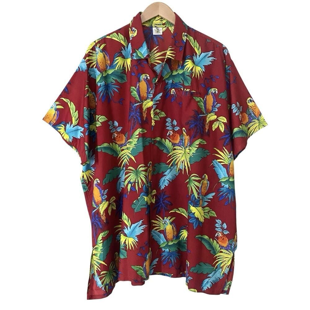 Barefoot Attitude Mens Size 3XL Button Up Shirt Parrot Tropical Red Burgundy